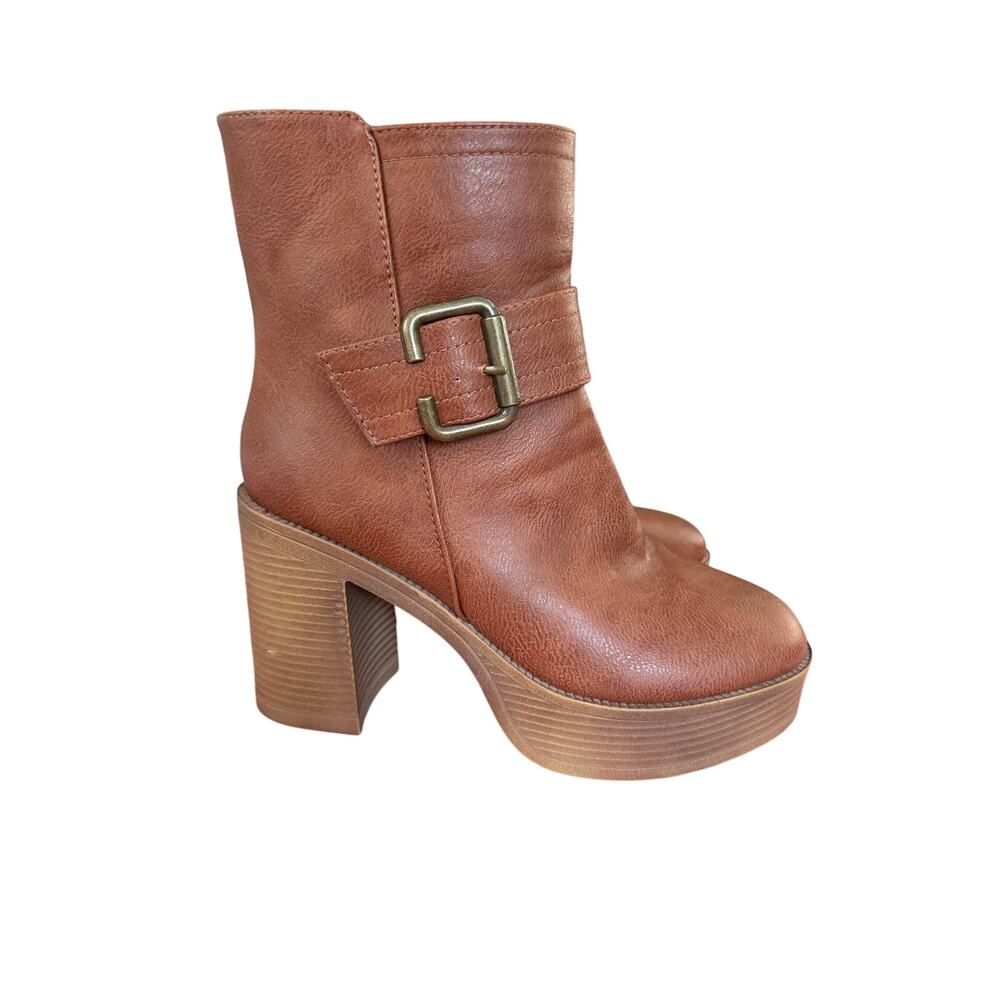 Yoki Brown Chunky Platform Ankle Boots Buckle Block Heel Size 8